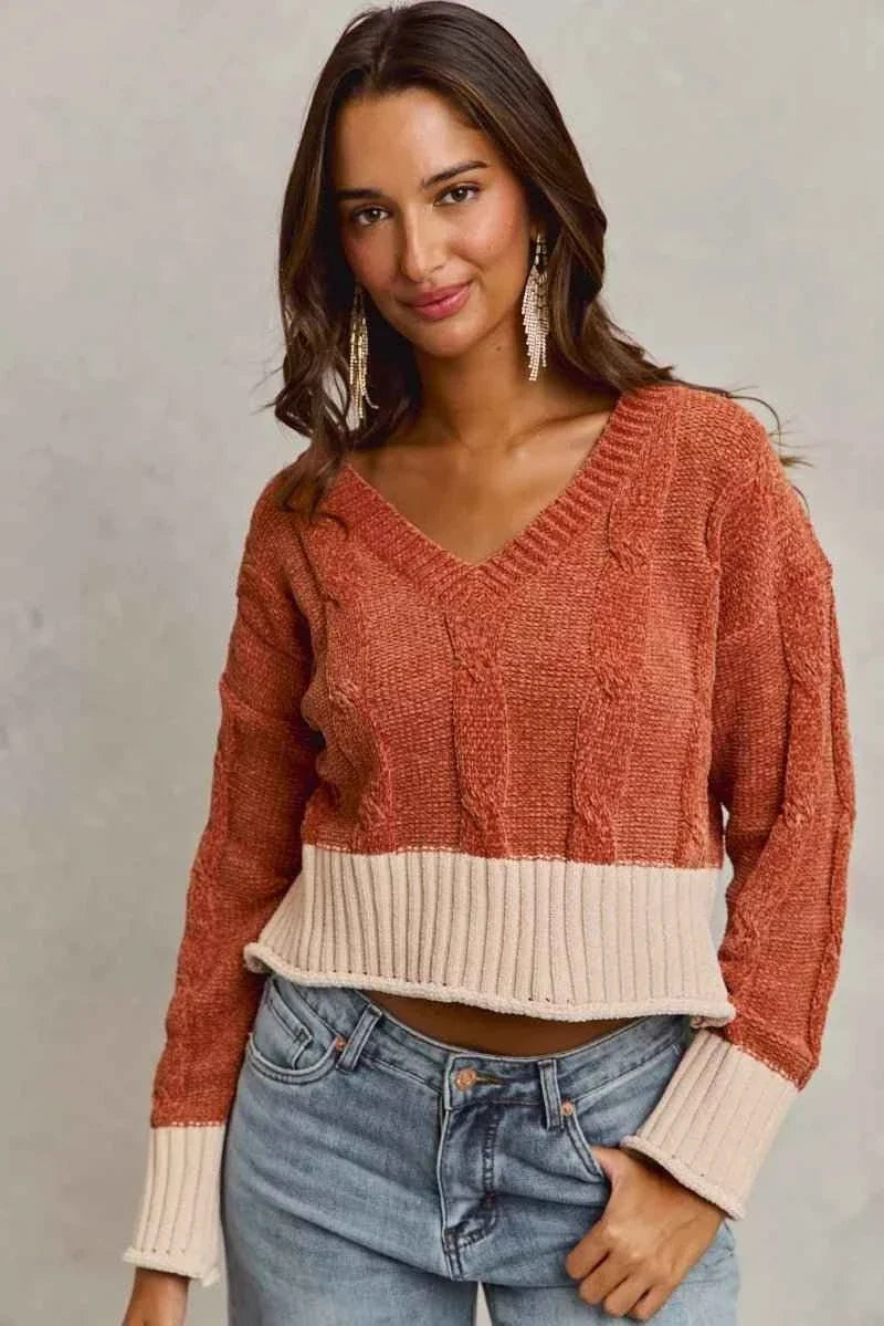 Rust Chenille Cable Knit V-Neck Contrast Cropped Sweater by So Me
