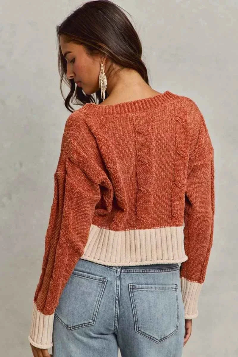 Rust Chenille Cable Knit V-Neck Contrast Cropped Sweater by So Me