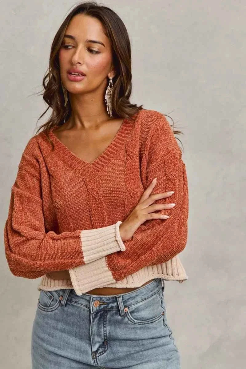Rust Chenille Cable Knit V-Neck Contrast Cropped Sweater by So Me
