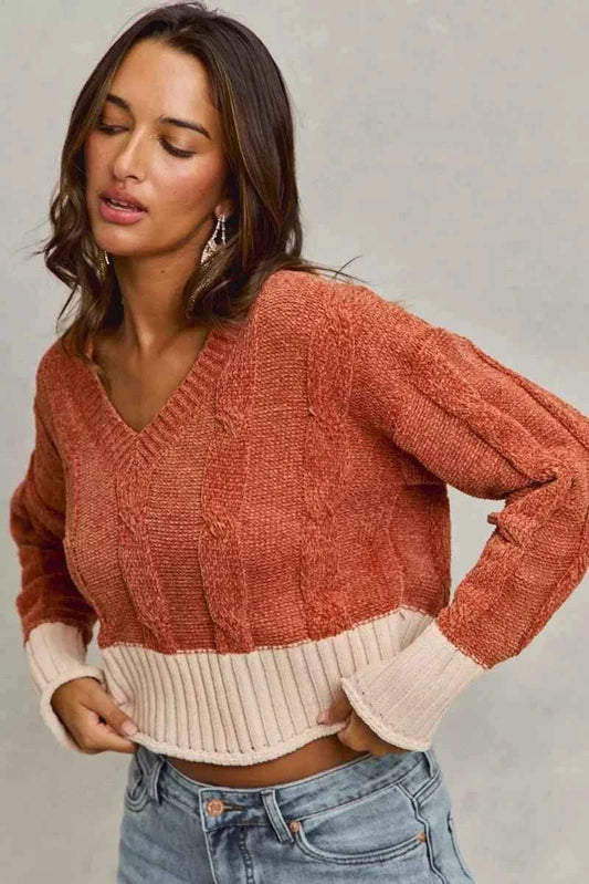 Rust Chenille Cable Knit V-Neck Contrast Cropped Sweater by So Me