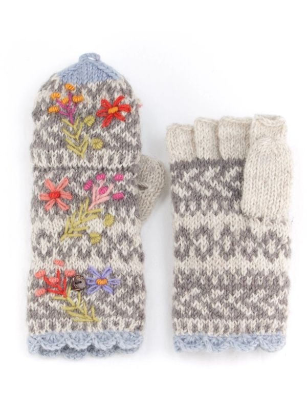Sadie Hand Knit Wool Convertible Mittens - Embroidered