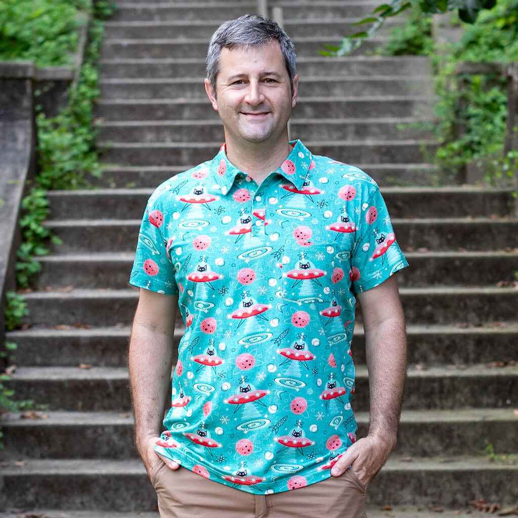 Adult "Beam Me Up, Kitty" Cats in Space Saucers Short Sleeve Polo Shirt