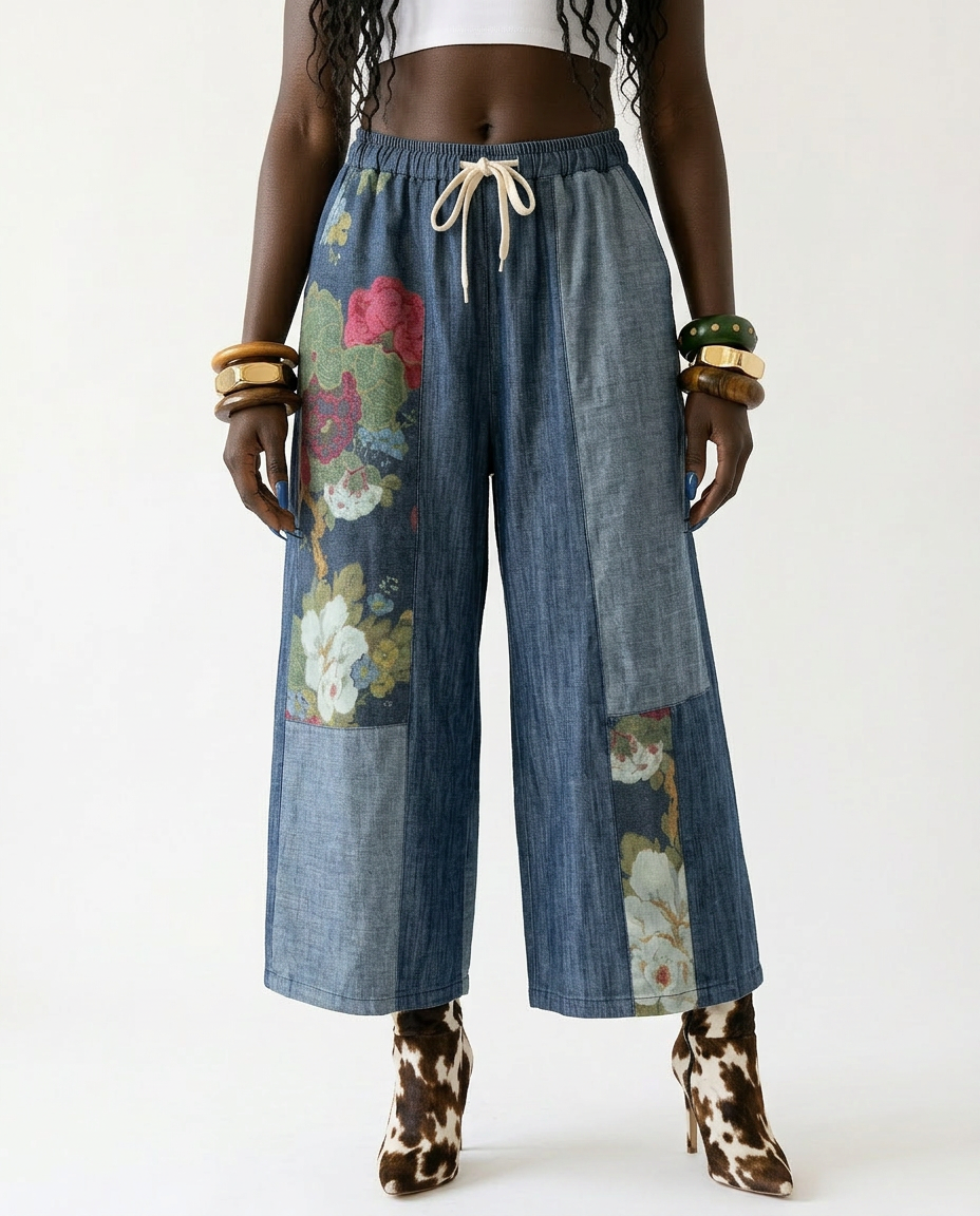 Wild Heart Denim Floral Patchwork Trousers