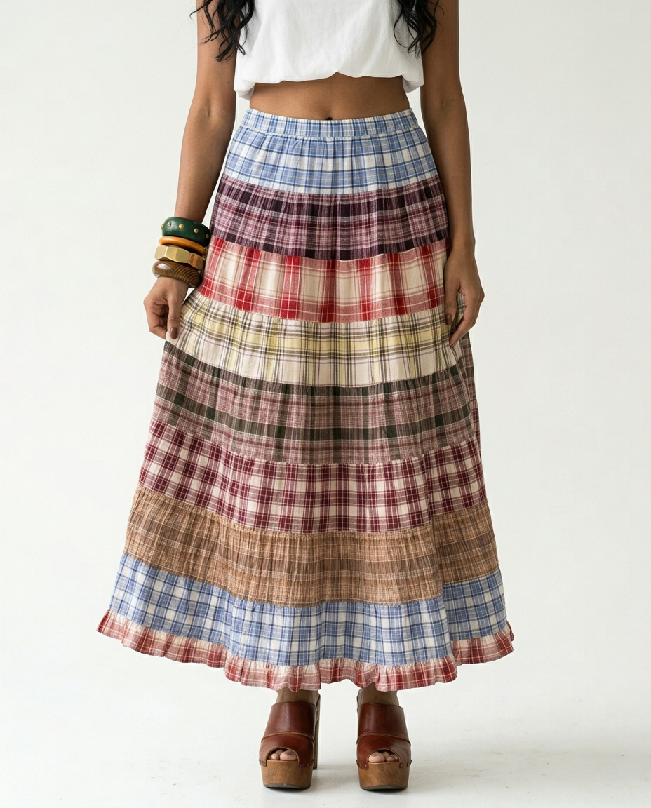 Wanderlust Plaid Patchwork Maxi Skirt