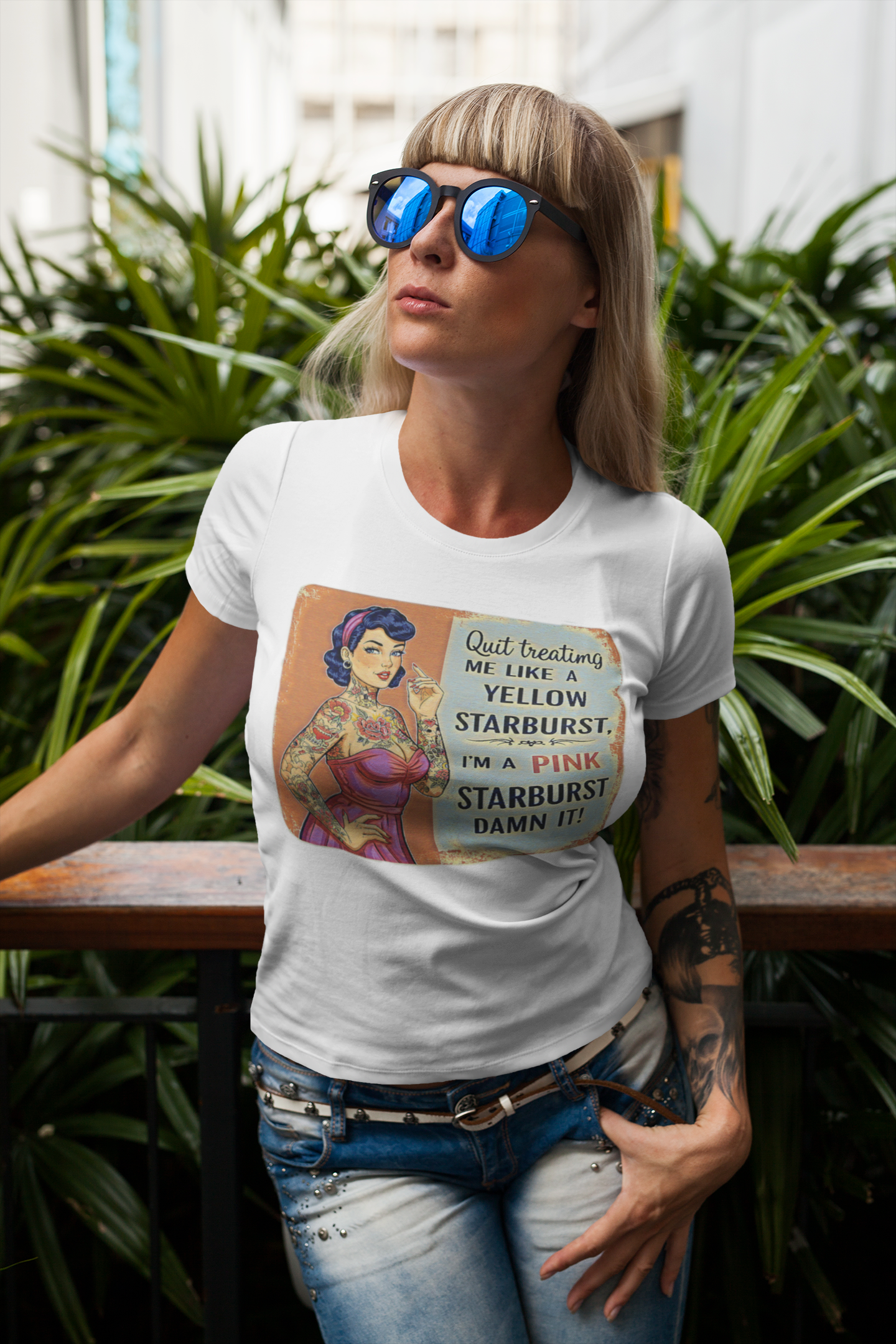 Vintage Tattooed Pin Up Pink Starburst Slim Fit Graphic Tee