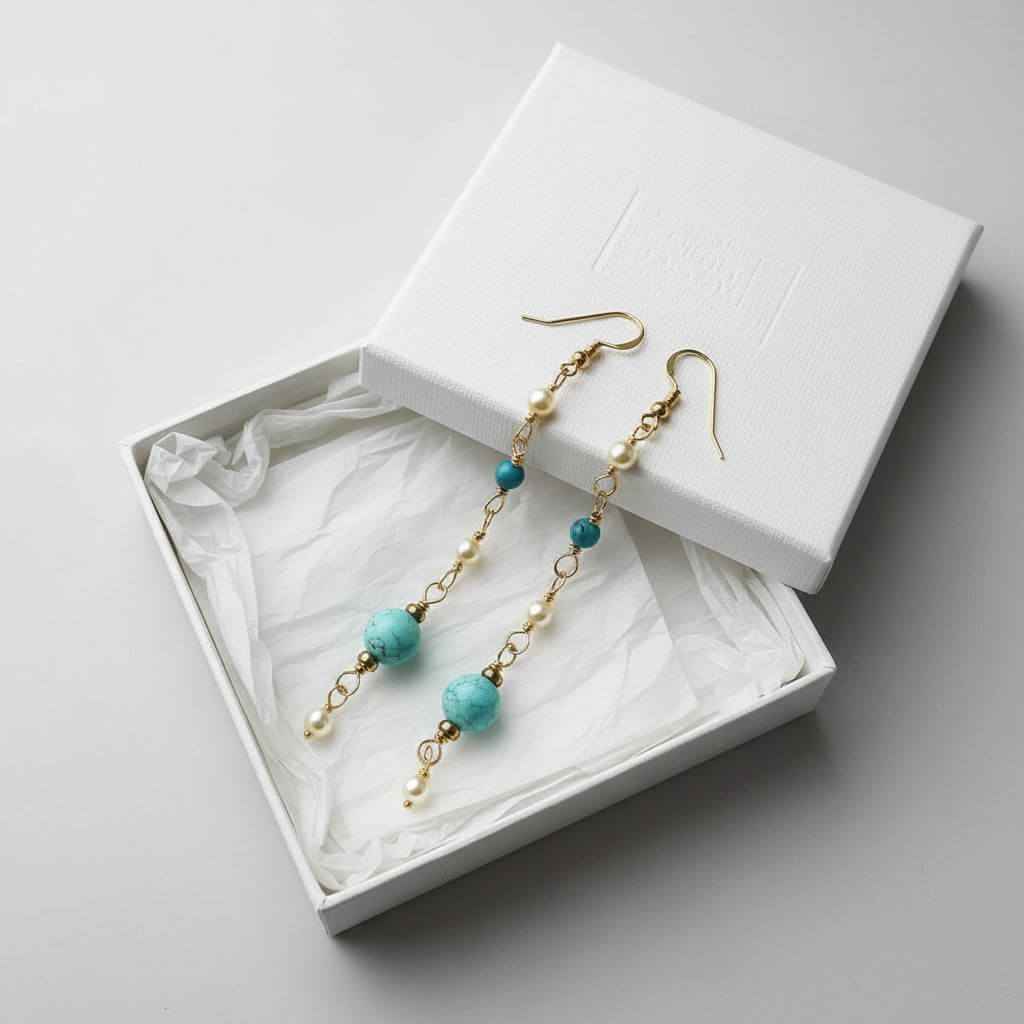 Long 14 K Gold Filled Turquoise Pearl Earrings