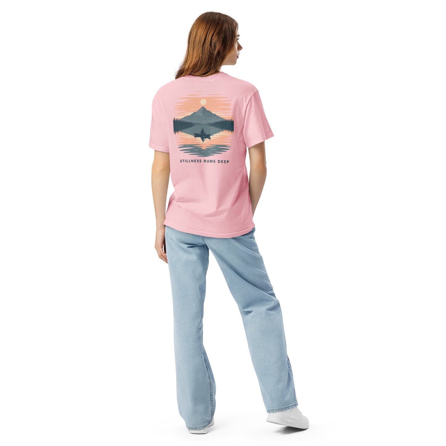 Highwater Horizon Tee | Mountain Lake with Sunset Reflection – Tranquil Nature Graphic Back Tee with Front Crest (CC1717)