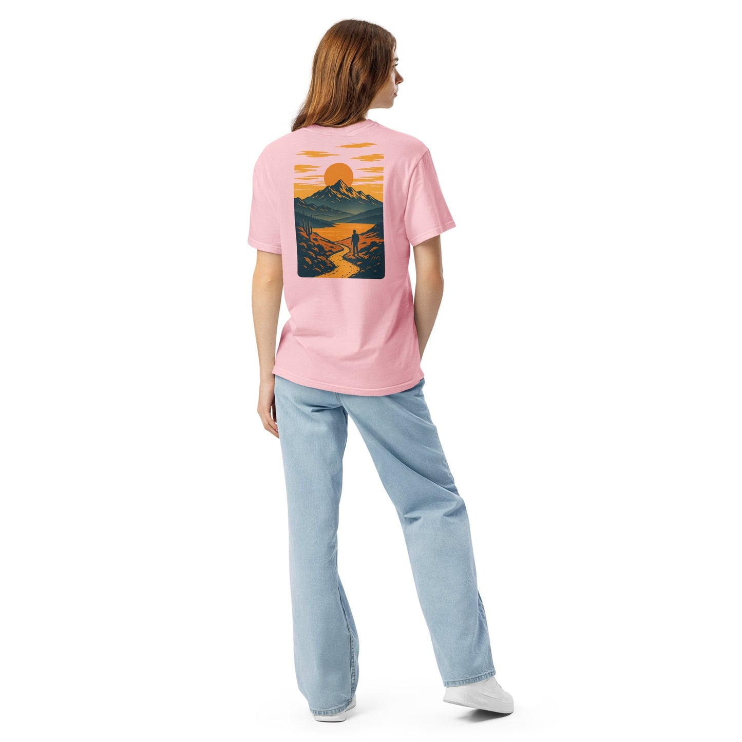 Sunset Range Tee | Golden Sunset Over Mountain Trail – Bold Desert Horizon Graphic Back Tee with Front Crest Patch (CC1717)