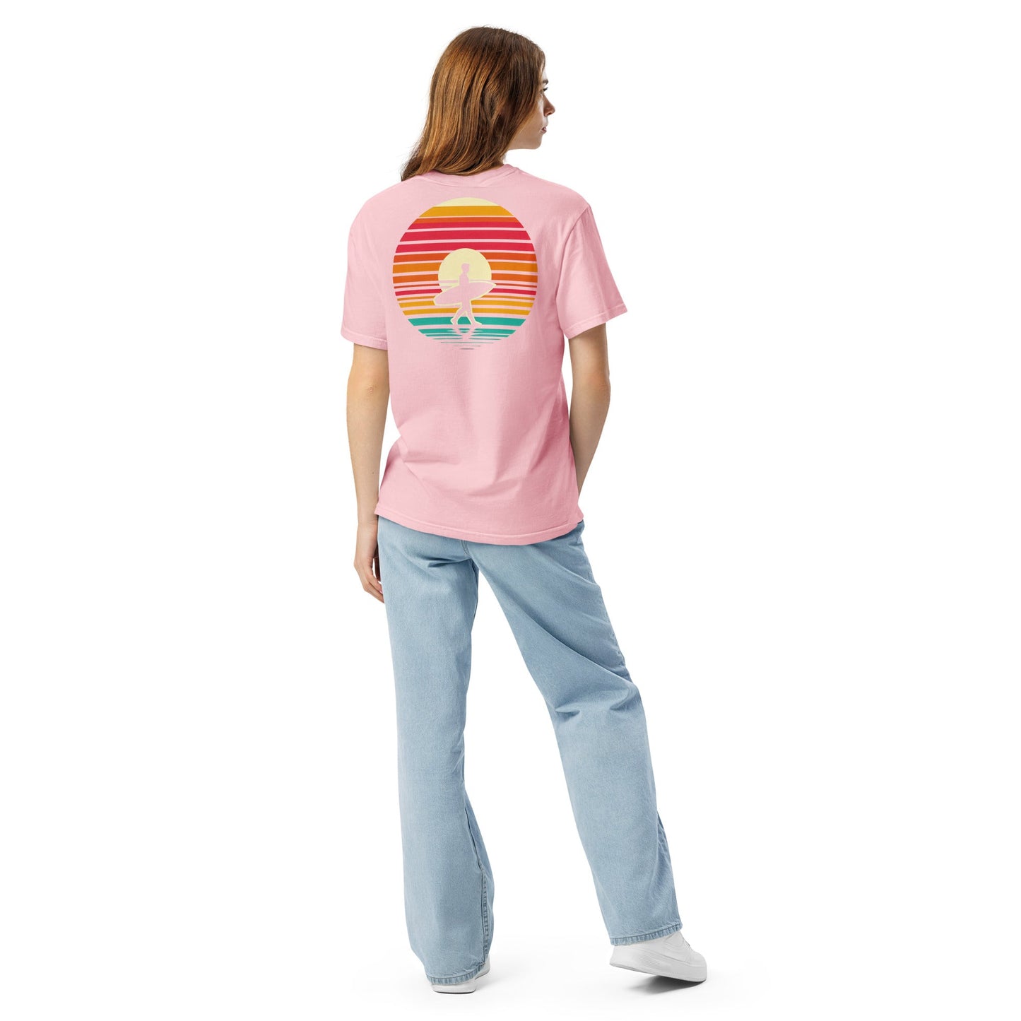 Sunset Surfer Tee | Retro Surf Silhouette with Bold Sunset Stripes - Beach Vibes Graphic Tee (CC1717)