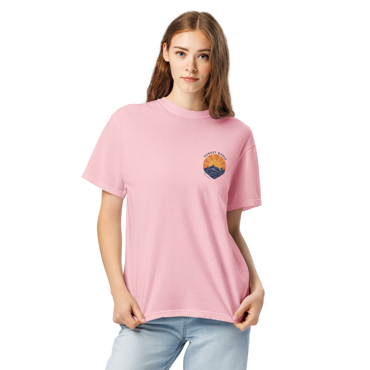 Sunset Range Tee | Golden Sunset Over Mountain Trail – Bold Desert Horizon Graphic Back Tee with Front Crest Patch (CC1717)