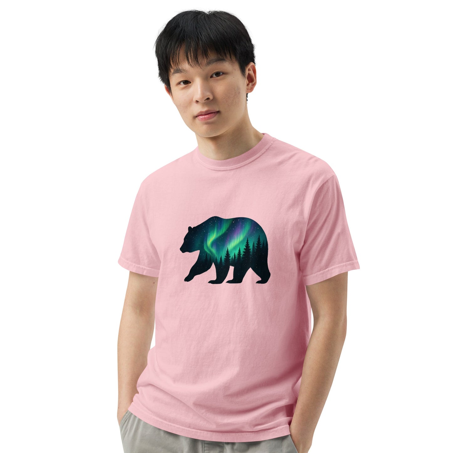 Aurora Bear Tee | Bear Silhouette with Northern Lights and Pine Forest – Nature Graphic Tee (CC1717)