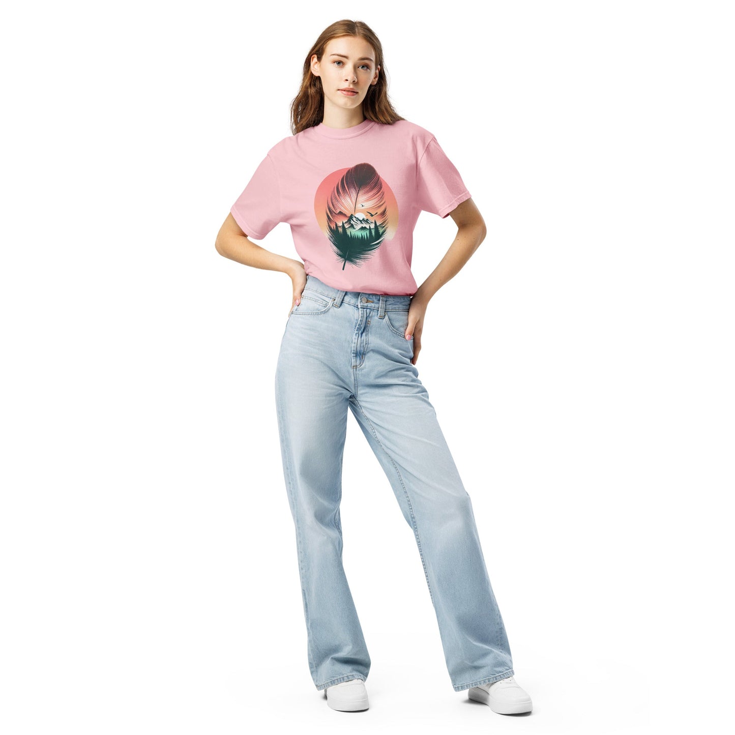 Feathered Wild Tee | Surreal Feather with Mountain Forest Sunrise – Soft Nature-Inspired Graphic Tee (CC1717)