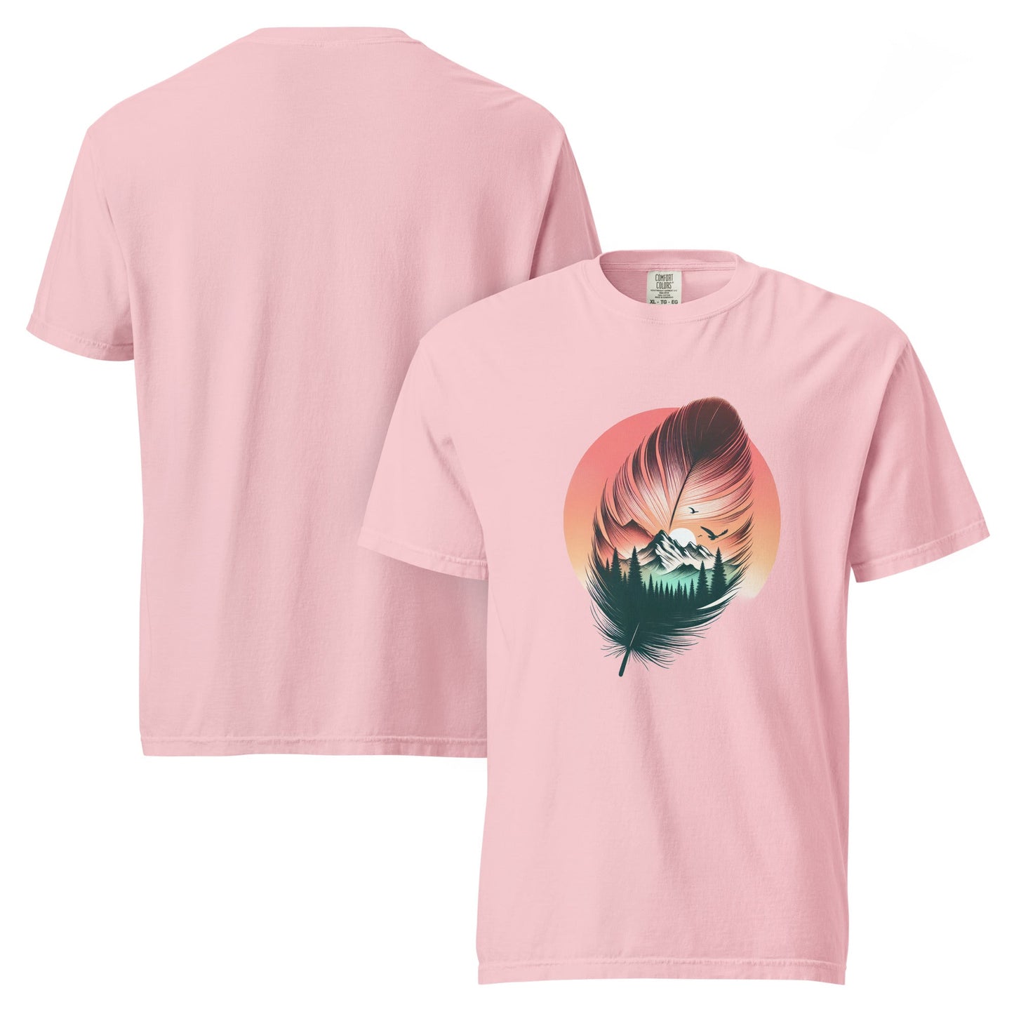 Feathered Wild Tee | Surreal Feather with Mountain Forest Sunrise – Soft Nature-Inspired Graphic Tee (CC1717)