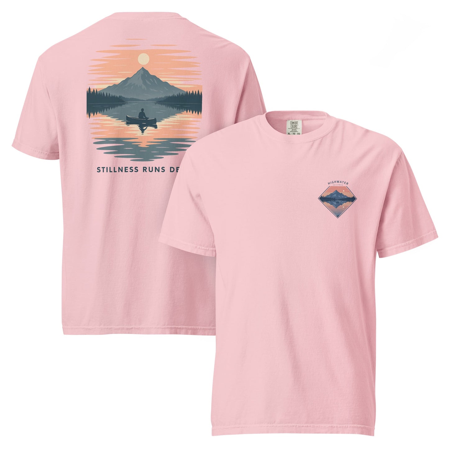 Highwater Horizon Tee | Mountain Lake with Sunset Reflection – Tranquil Nature Graphic Back Tee with Front Crest (CC1717)