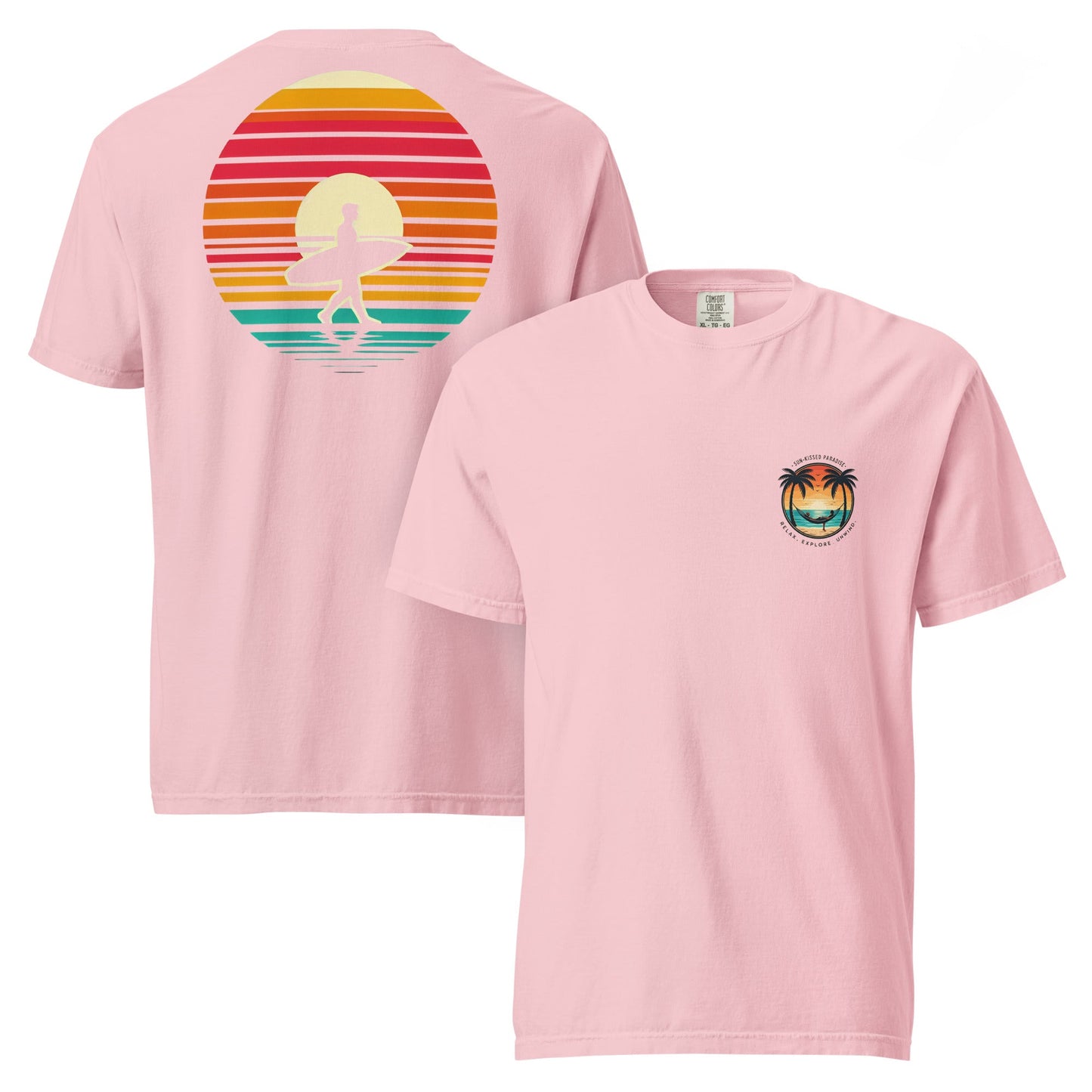 Sunset Surfer Tee | Retro Surf Silhouette with Bold Sunset Stripes - Beach Vibes Graphic Tee (CC1717)