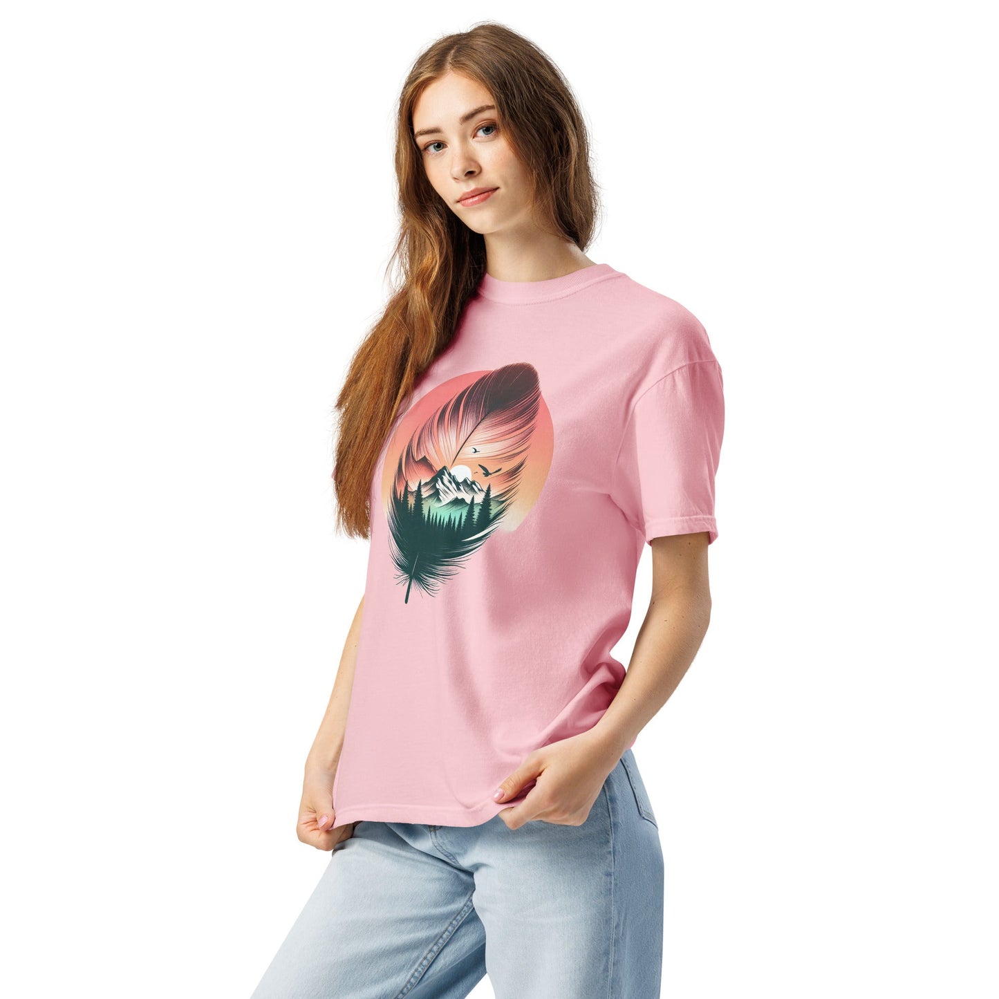 Feathered Wild Tee | Surreal Feather with Mountain Forest Sunrise – Soft Nature-Inspired Graphic Tee (CC1717)
