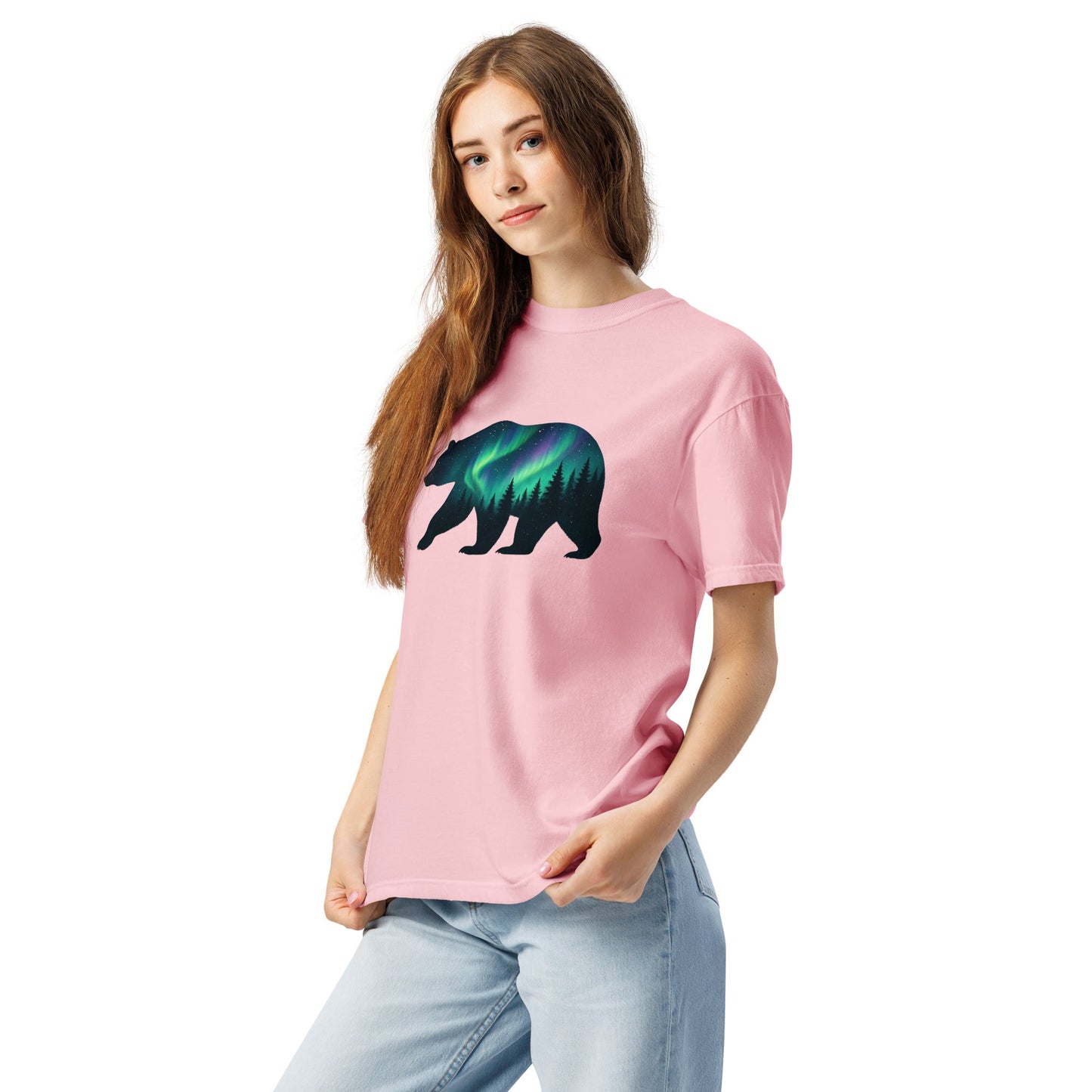 Aurora Bear Tee | Bear Silhouette with Northern Lights and Pine Forest – Nature Graphic Tee (CC1717)