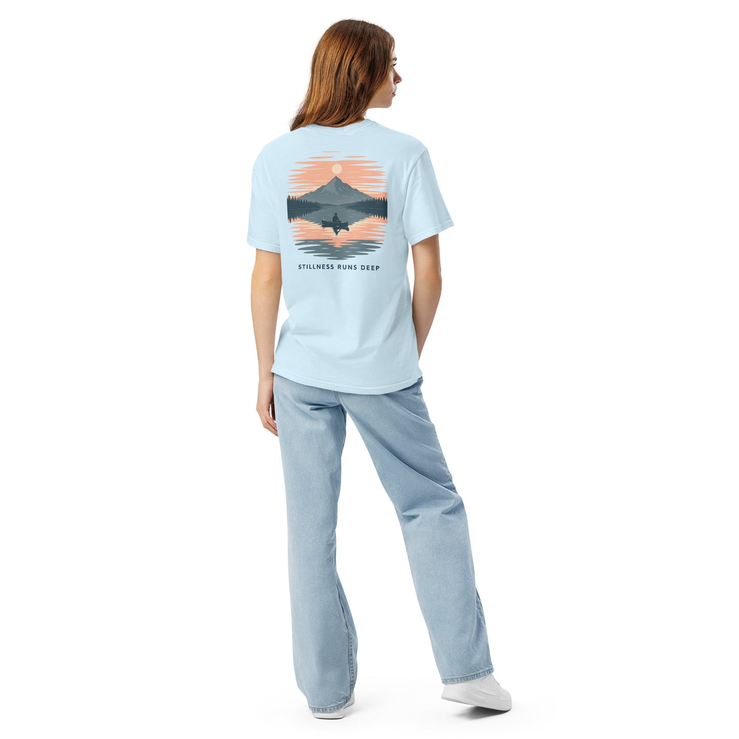 Highwater Horizon Tee | Mountain Lake with Sunset Reflection – Tranquil Nature Graphic Back Tee with Front Crest (CC1717)