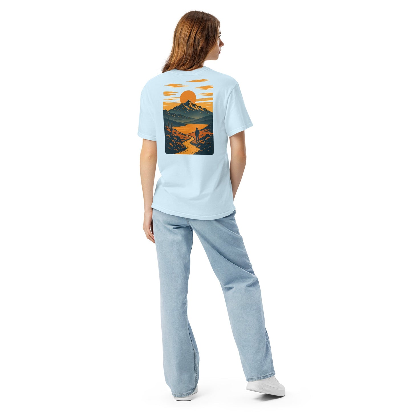 Sunset Range Tee | Golden Sunset Over Mountain Trail – Bold Desert Horizon Graphic Back Tee with Front Crest Patch (CC1717)