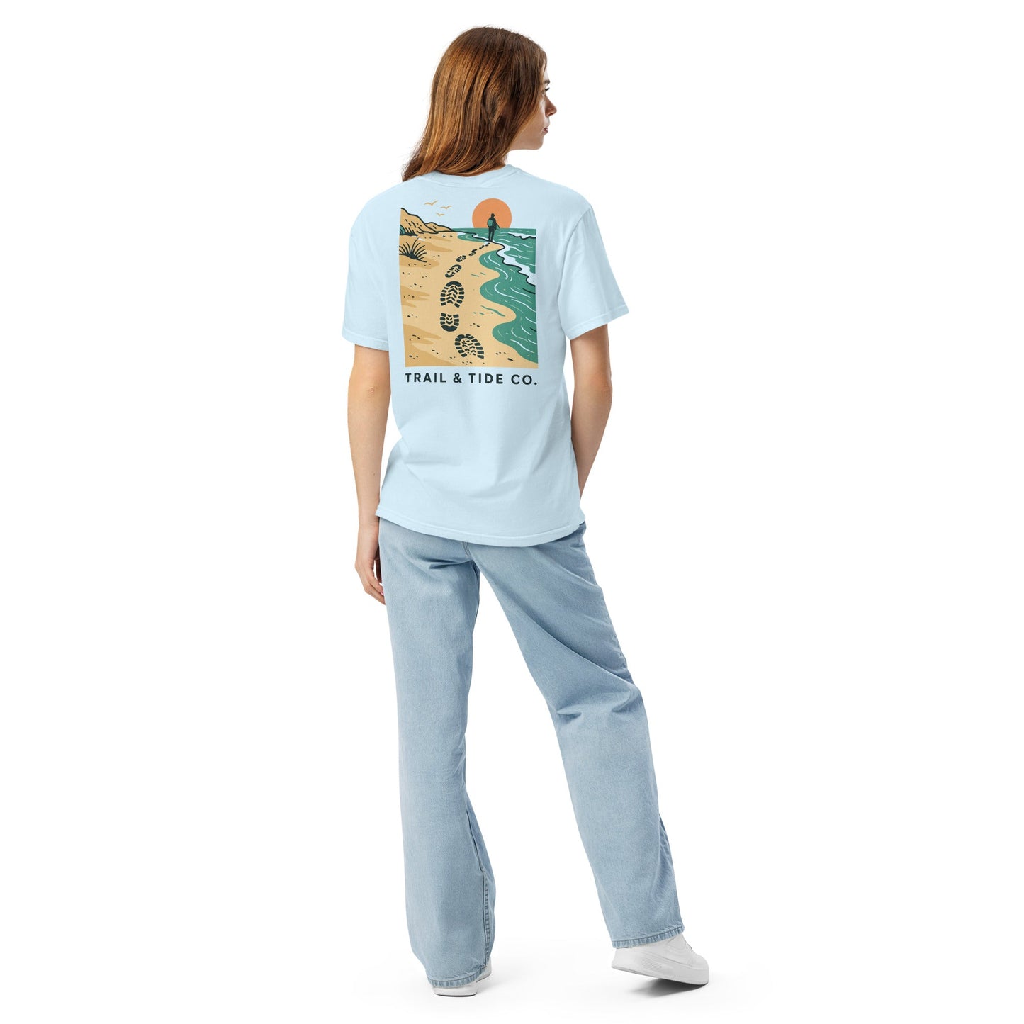 Tidewalker Tee | Bootprints Along Coastal Trail with Sunset and Ocean – Beach Walk Graphic Back Tee with Front Crest Patch (CC1717)