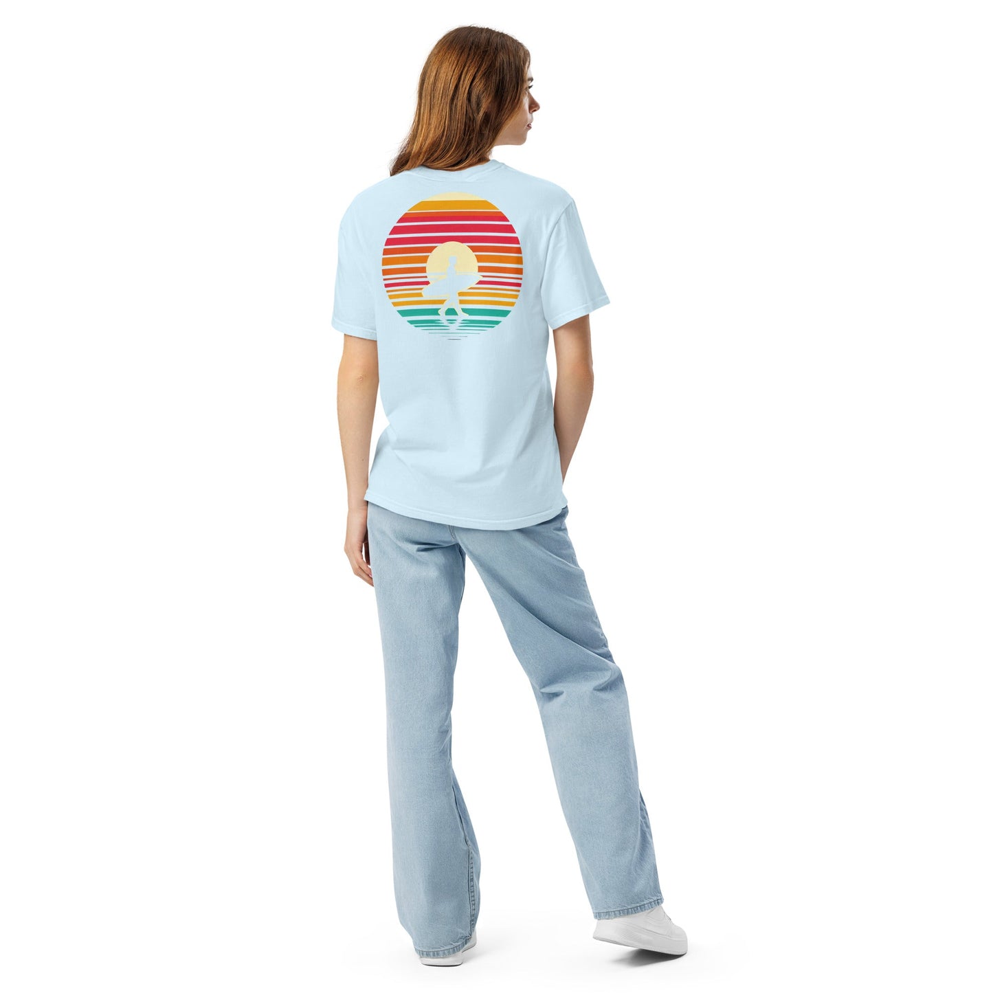 Sunset Surfer Tee | Retro Surf Silhouette with Bold Sunset Stripes - Beach Vibes Graphic Tee (CC1717)