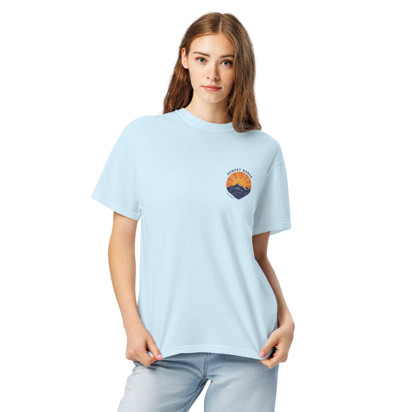 Sunset Range Tee | Golden Sunset Over Mountain Trail – Bold Desert Horizon Graphic Back Tee with Front Crest Patch (CC1717)