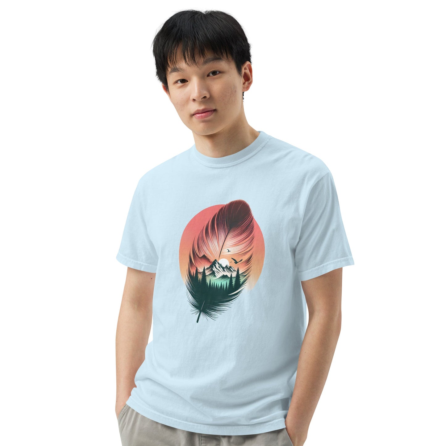 Feathered Wild Tee | Surreal Feather with Mountain Forest Sunrise – Soft Nature-Inspired Graphic Tee (CC1717)