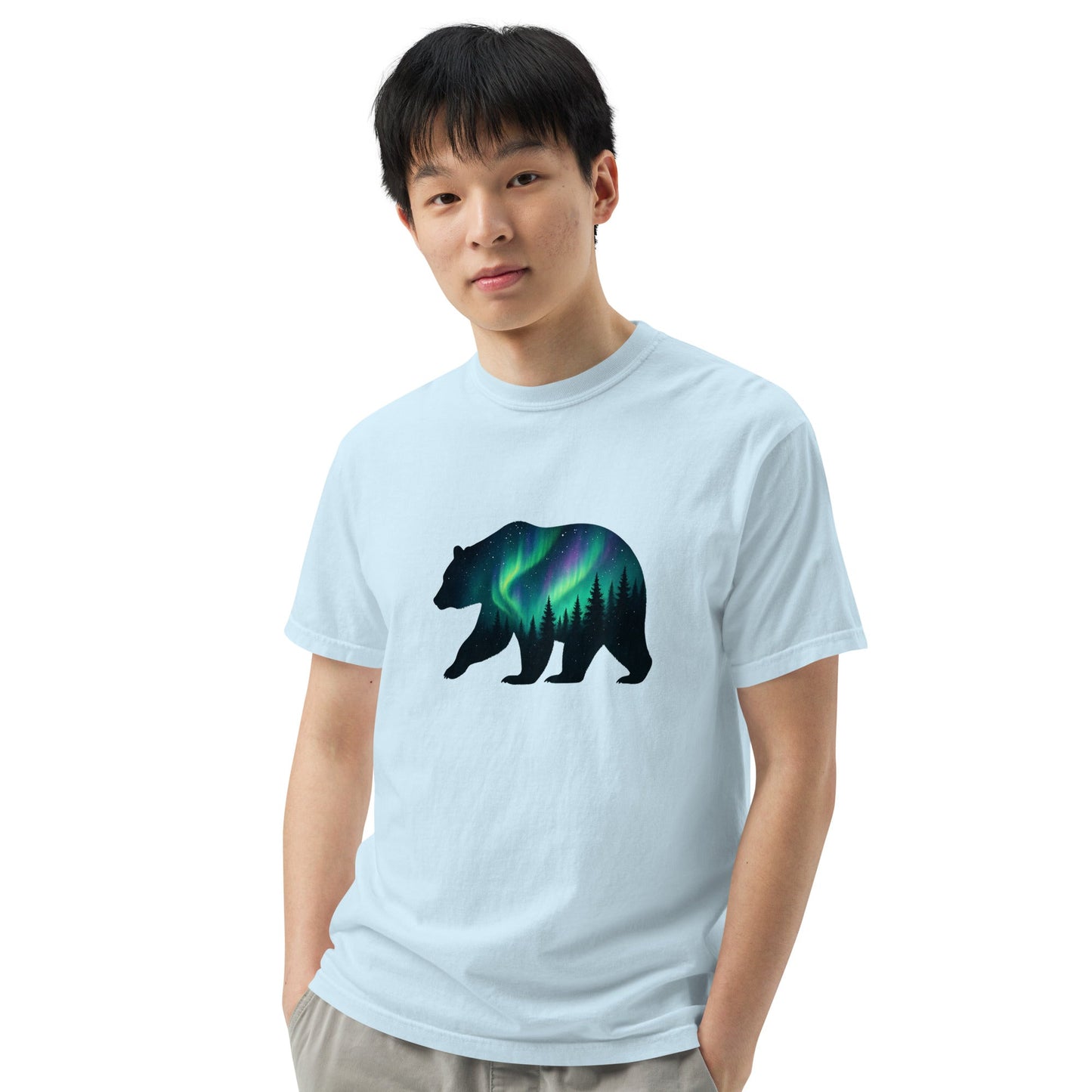 Aurora Bear Tee | Bear Silhouette with Northern Lights and Pine Forest – Nature Graphic Tee (CC1717)