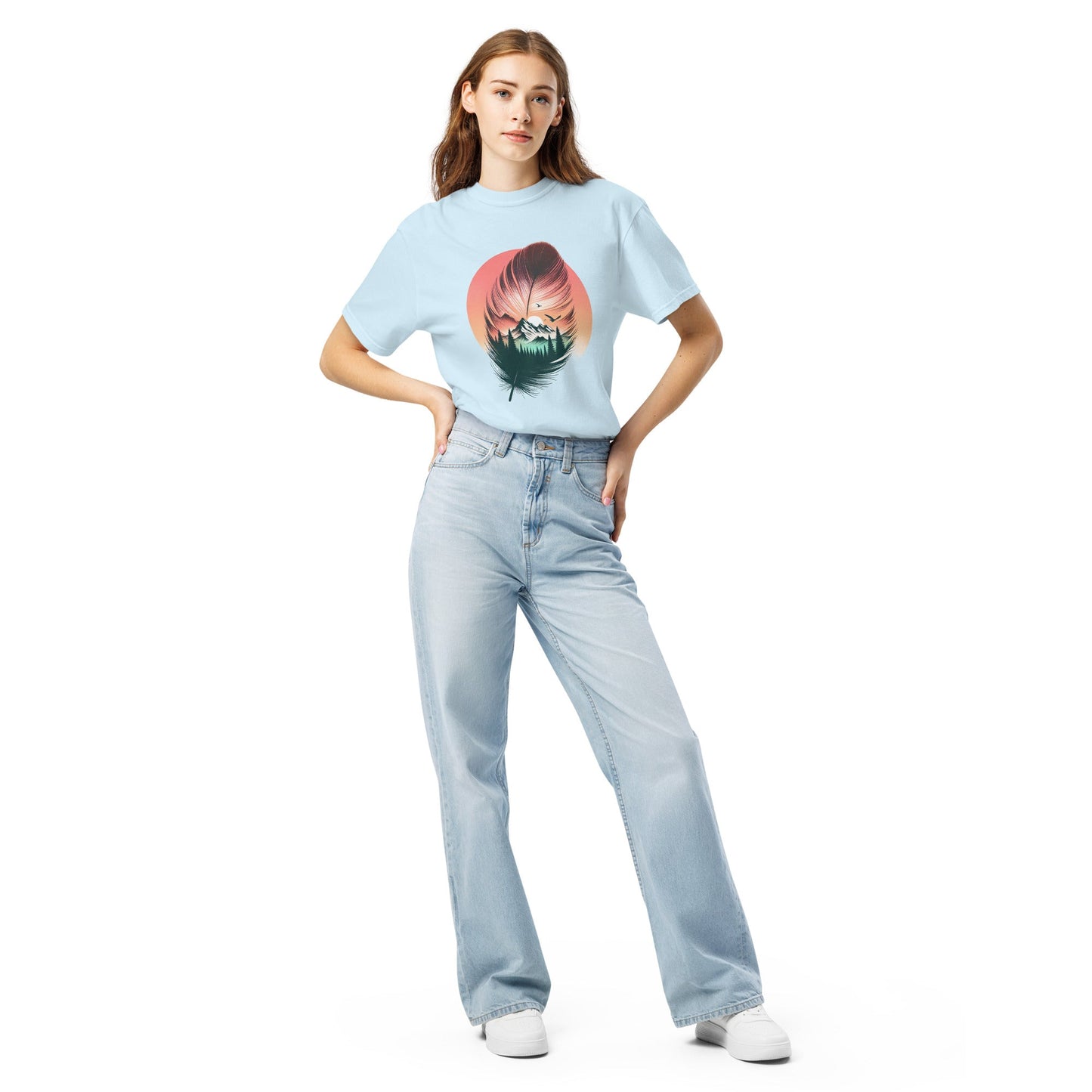 Feathered Wild Tee | Surreal Feather with Mountain Forest Sunrise – Soft Nature-Inspired Graphic Tee (CC1717)