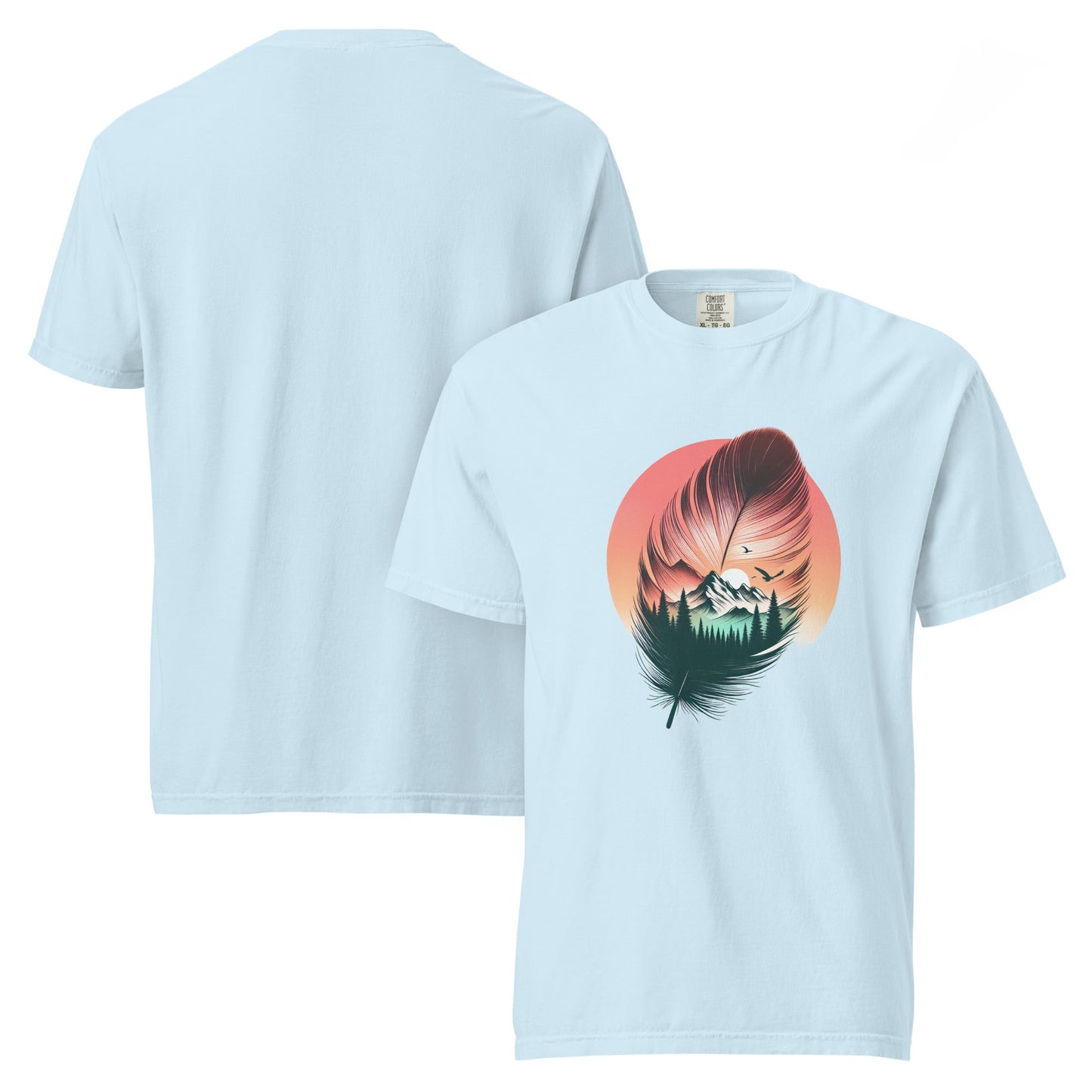Feathered Wild Tee | Surreal Feather with Mountain Forest Sunrise – Soft Nature-Inspired Graphic Tee (CC1717)