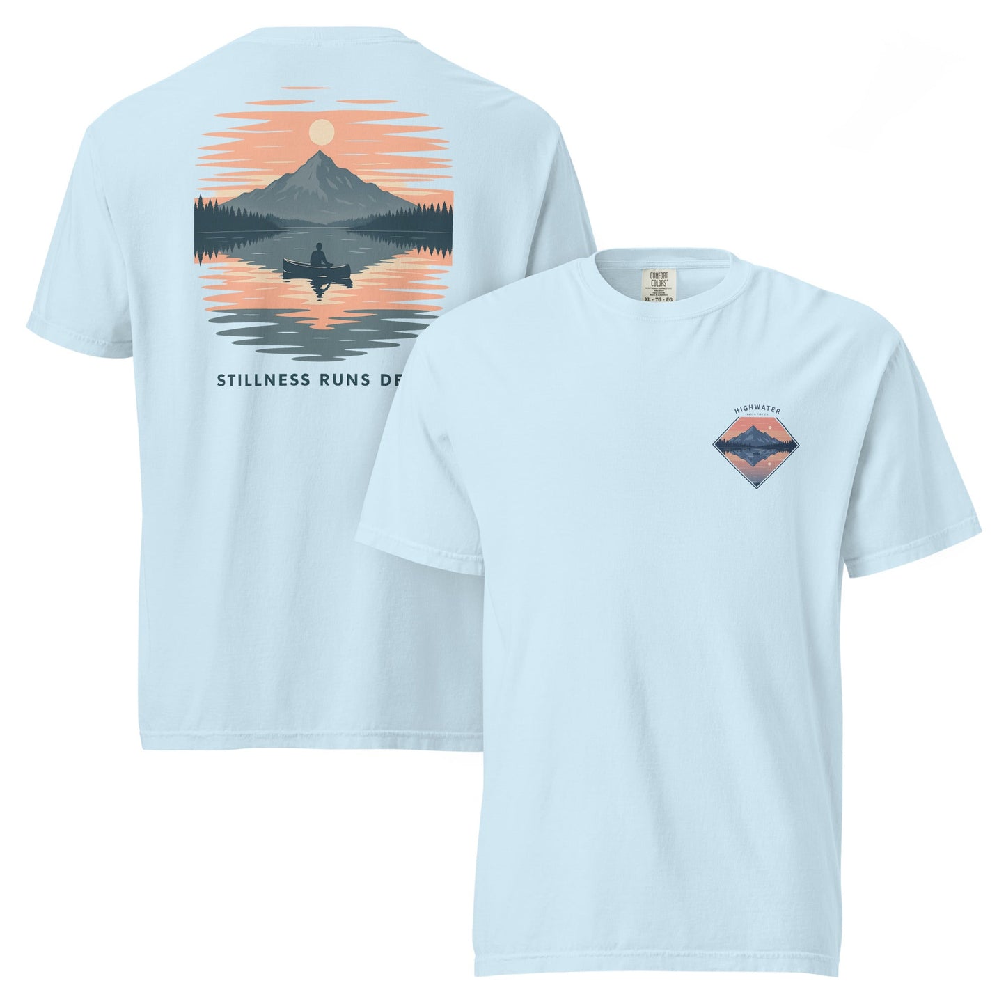 Highwater Horizon Tee | Mountain Lake with Sunset Reflection – Tranquil Nature Graphic Back Tee with Front Crest (CC1717)