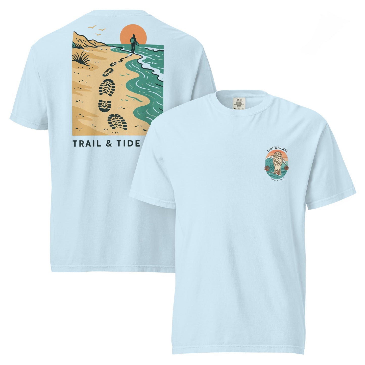 Tidewalker Tee | Bootprints Along Coastal Trail with Sunset and Ocean – Beach Walk Graphic Back Tee with Front Crest Patch (CC1717)
