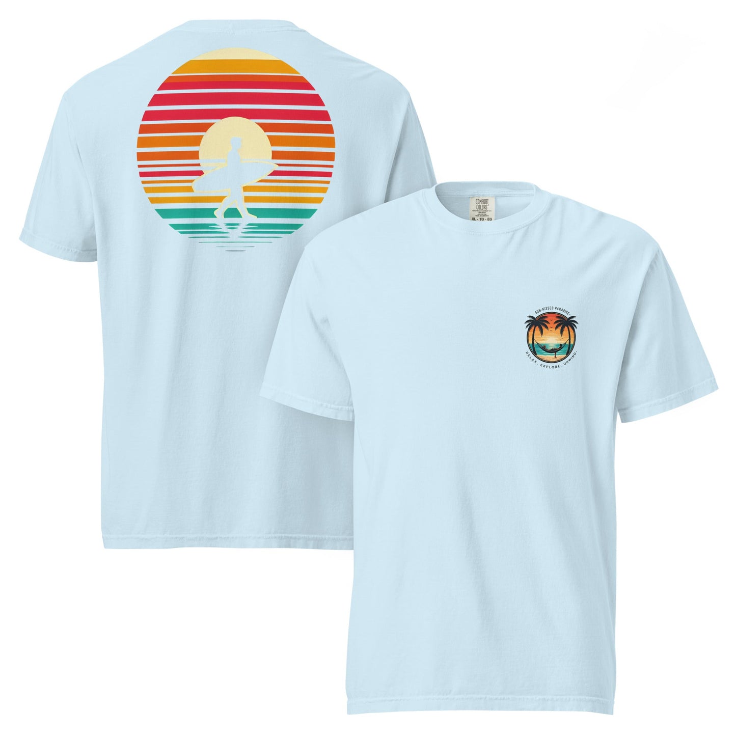 Sunset Surfer Tee | Retro Surf Silhouette with Bold Sunset Stripes - Beach Vibes Graphic Tee (CC1717)