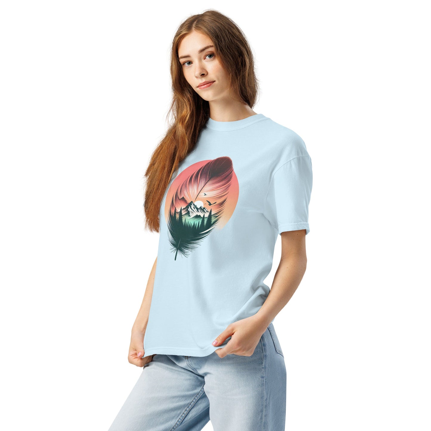 Feathered Wild Tee | Surreal Feather with Mountain Forest Sunrise – Soft Nature-Inspired Graphic Tee (CC1717)