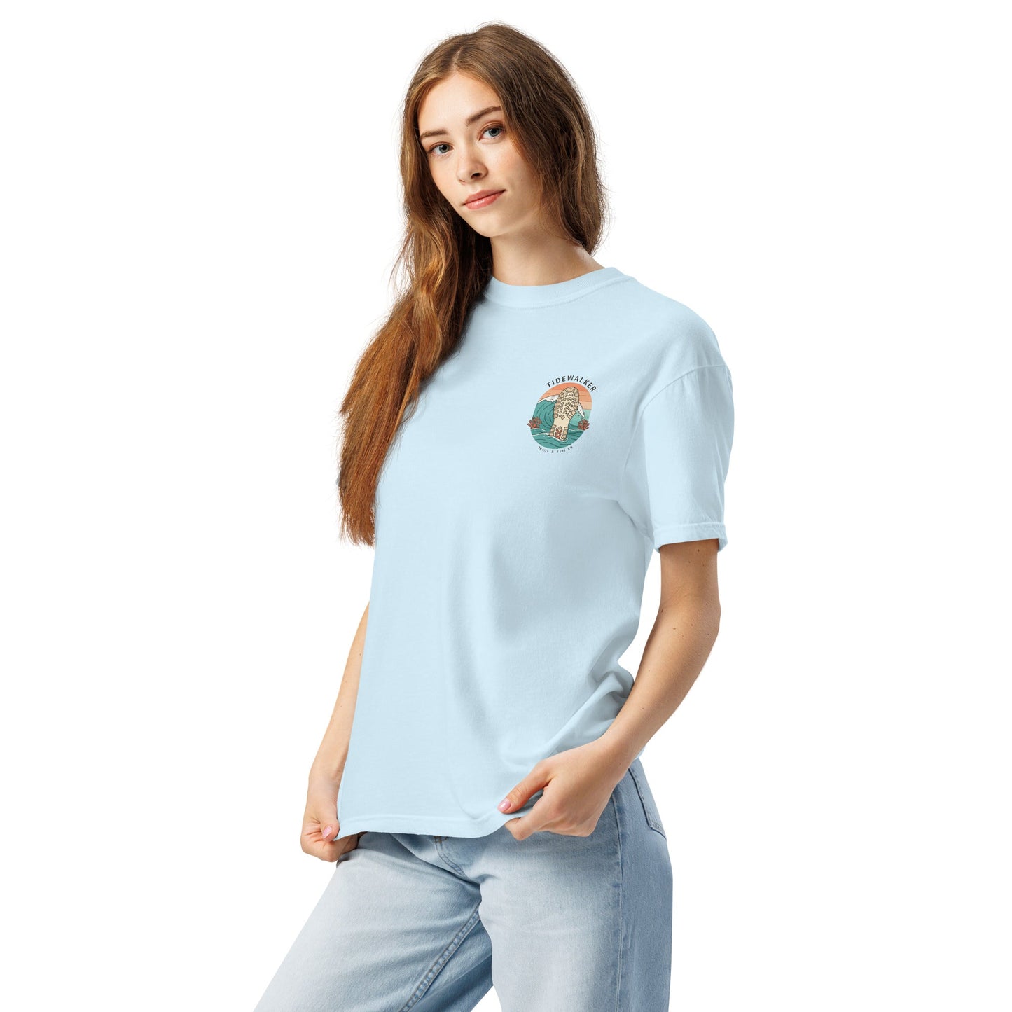 Tidewalker Tee | Bootprints Along Coastal Trail with Sunset and Ocean – Beach Walk Graphic Back Tee with Front Crest Patch (CC1717)
