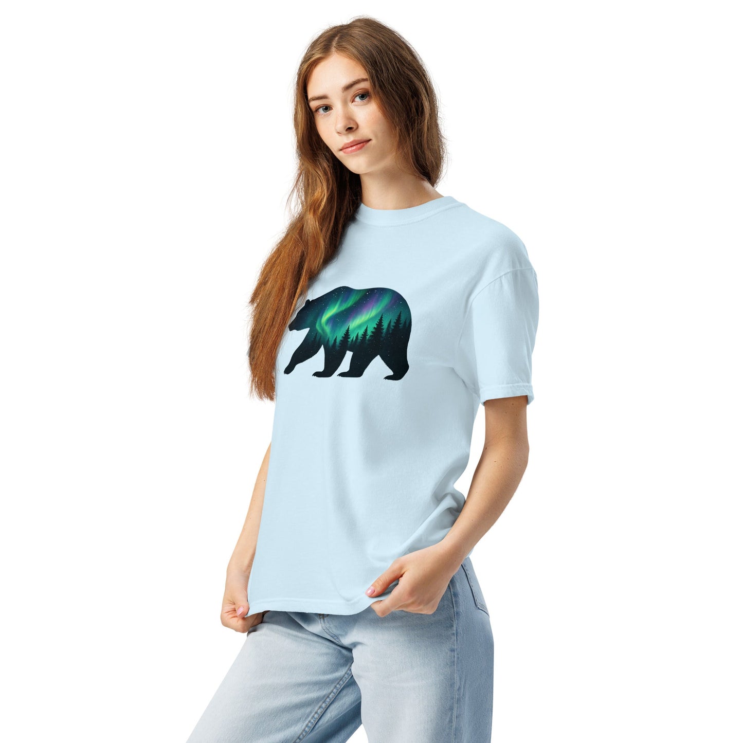 Aurora Bear Tee | Bear Silhouette with Northern Lights and Pine Forest – Nature Graphic Tee (CC1717)