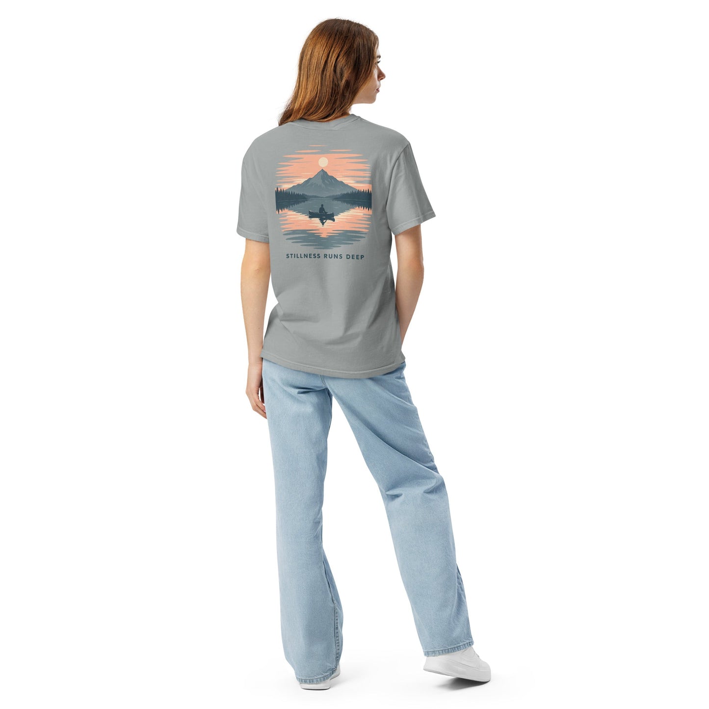 Highwater Horizon Tee | Mountain Lake with Sunset Reflection – Tranquil Nature Graphic Back Tee with Front Crest (CC1717)