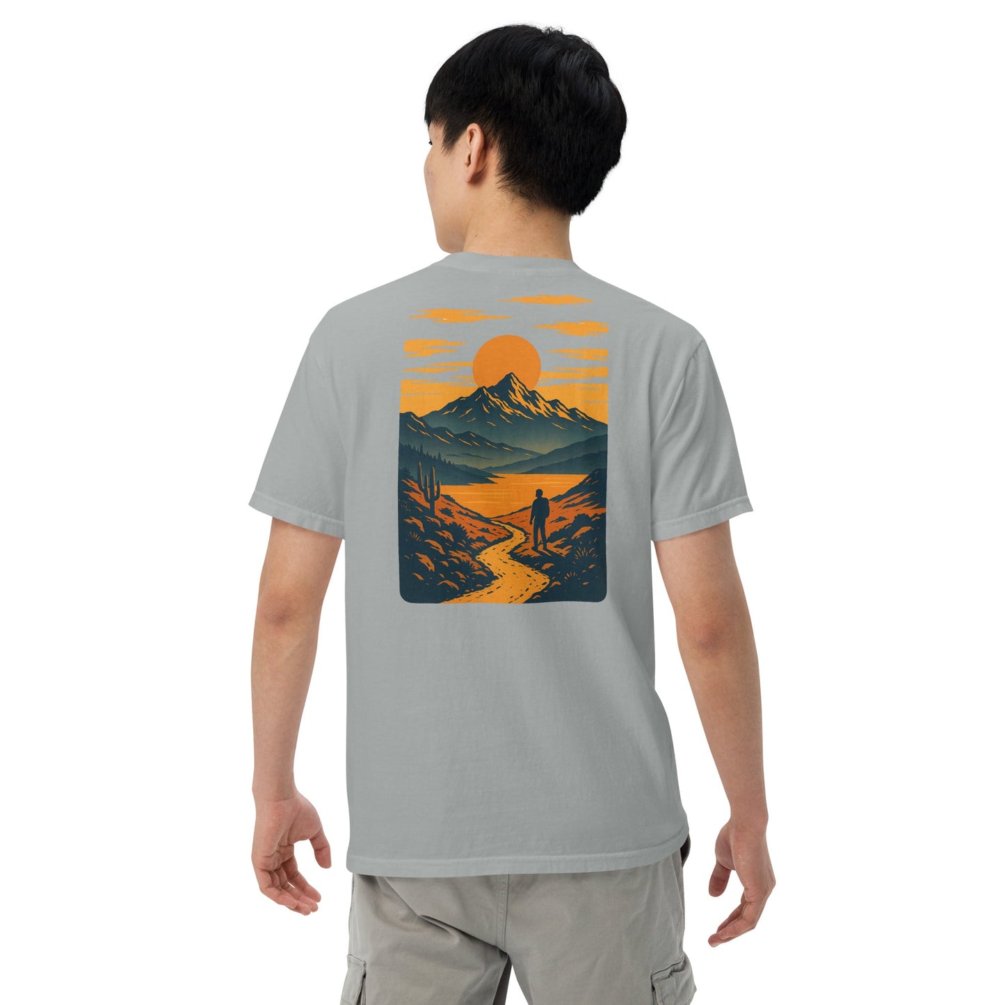 Sunset Range Tee | Golden Sunset Over Mountain Trail – Bold Desert Horizon Graphic Back Tee with Front Crest Patch (CC1717)