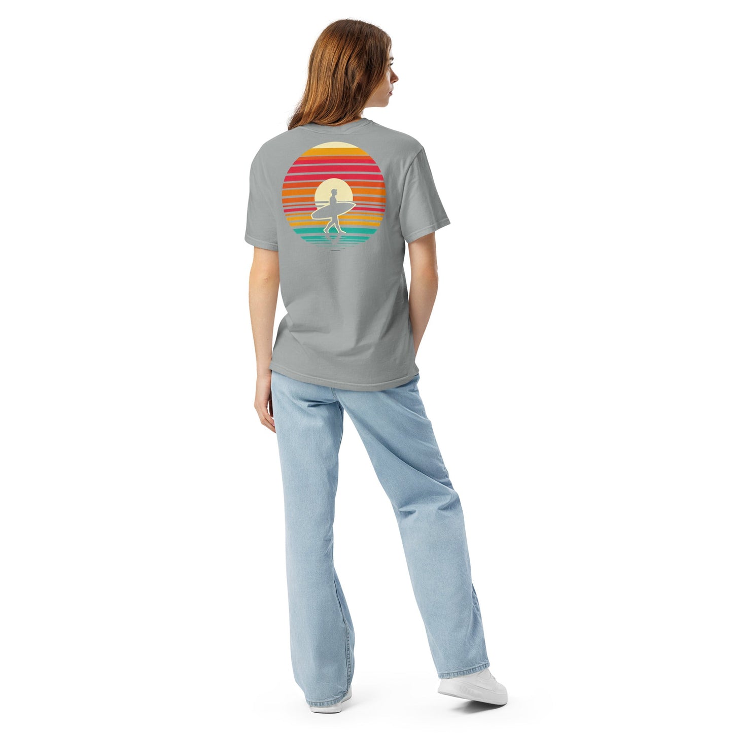 Sunset Surfer Tee | Retro Surf Silhouette with Bold Sunset Stripes - Beach Vibes Graphic Tee (CC1717)