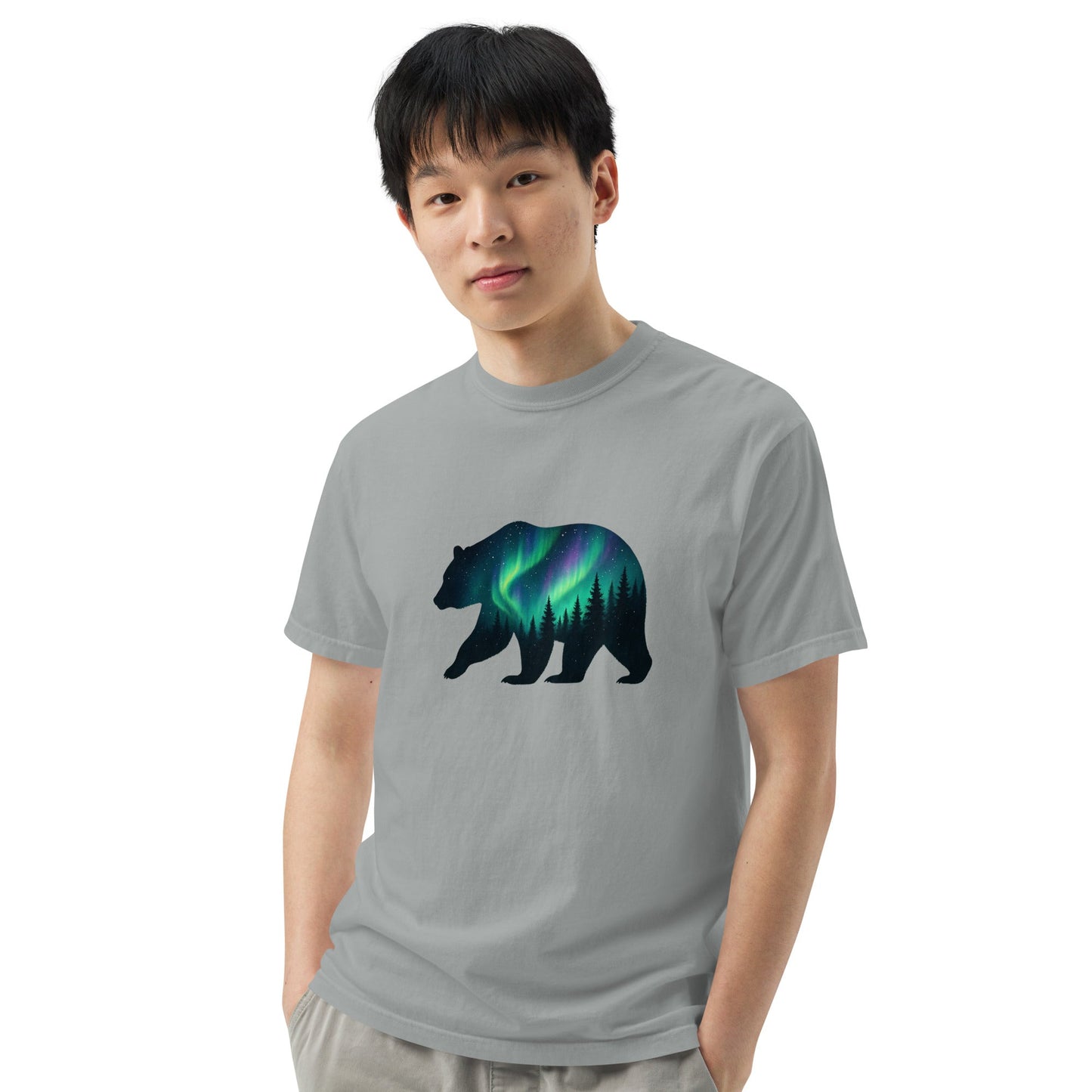 Aurora Bear Tee | Bear Silhouette with Northern Lights and Pine Forest – Nature Graphic Tee (CC1717)