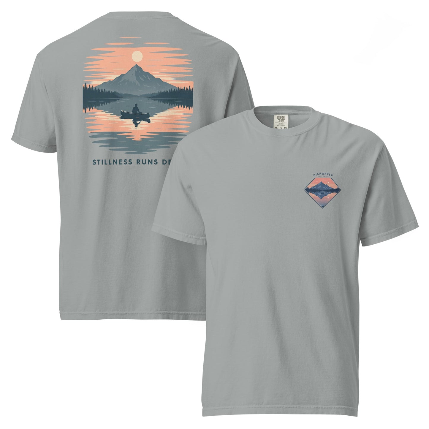 Highwater Horizon Tee | Mountain Lake with Sunset Reflection – Tranquil Nature Graphic Back Tee with Front Crest (CC1717)