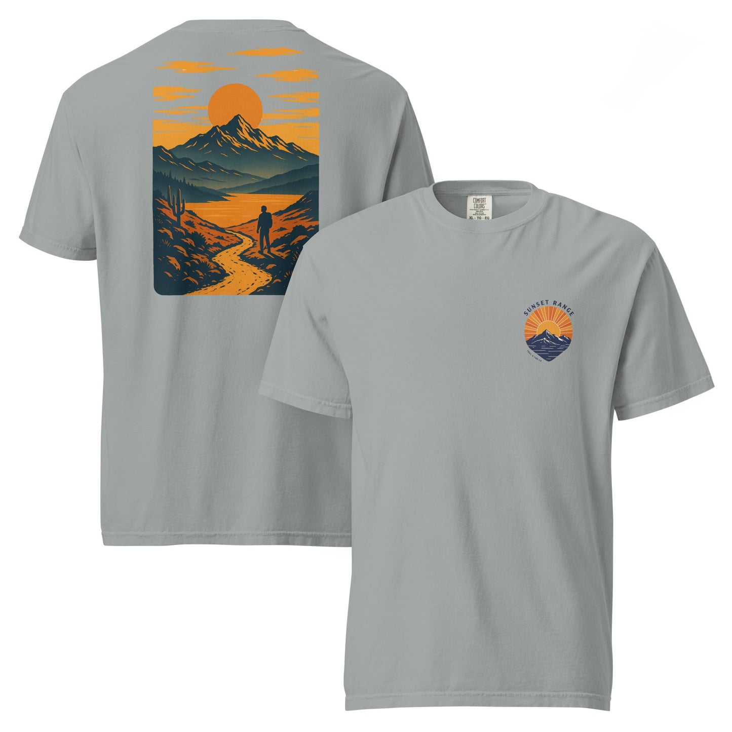 Sunset Range Tee | Golden Sunset Over Mountain Trail – Bold Desert Horizon Graphic Back Tee with Front Crest Patch (CC1717)