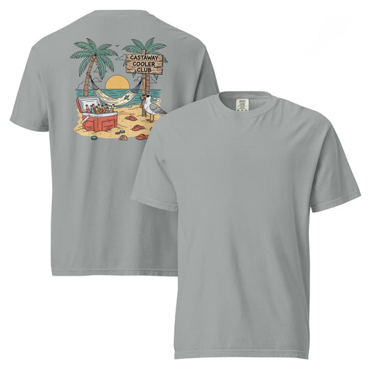 Castaway Cooler Club Tee | Tropical Beach Scene with Hammock, Sunset, and Coolers – Playful Coastal Graphic Back Tee (CC1717)