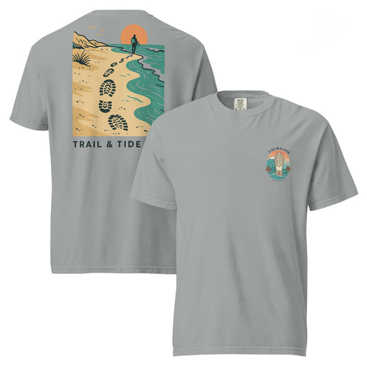 Tidewalker Tee | Bootprints Along Coastal Trail with Sunset and Ocean – Beach Walk Graphic Back Tee with Front Crest Patch (CC1717)