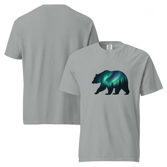 Aurora Bear Tee | Bear Silhouette with Northern Lights and Pine Forest – Nature Graphic Tee (CC1717)
