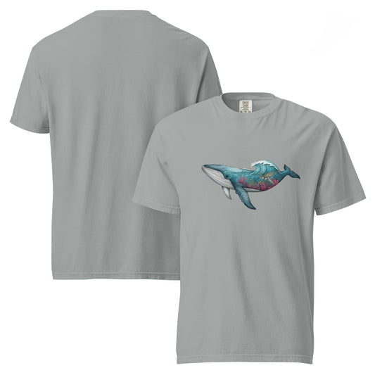 Reef Rider Tee | Illustrated Whale with Coral Reef and Ocean Wave – Vibrant Marine Life Graphic Tee (CC1717)