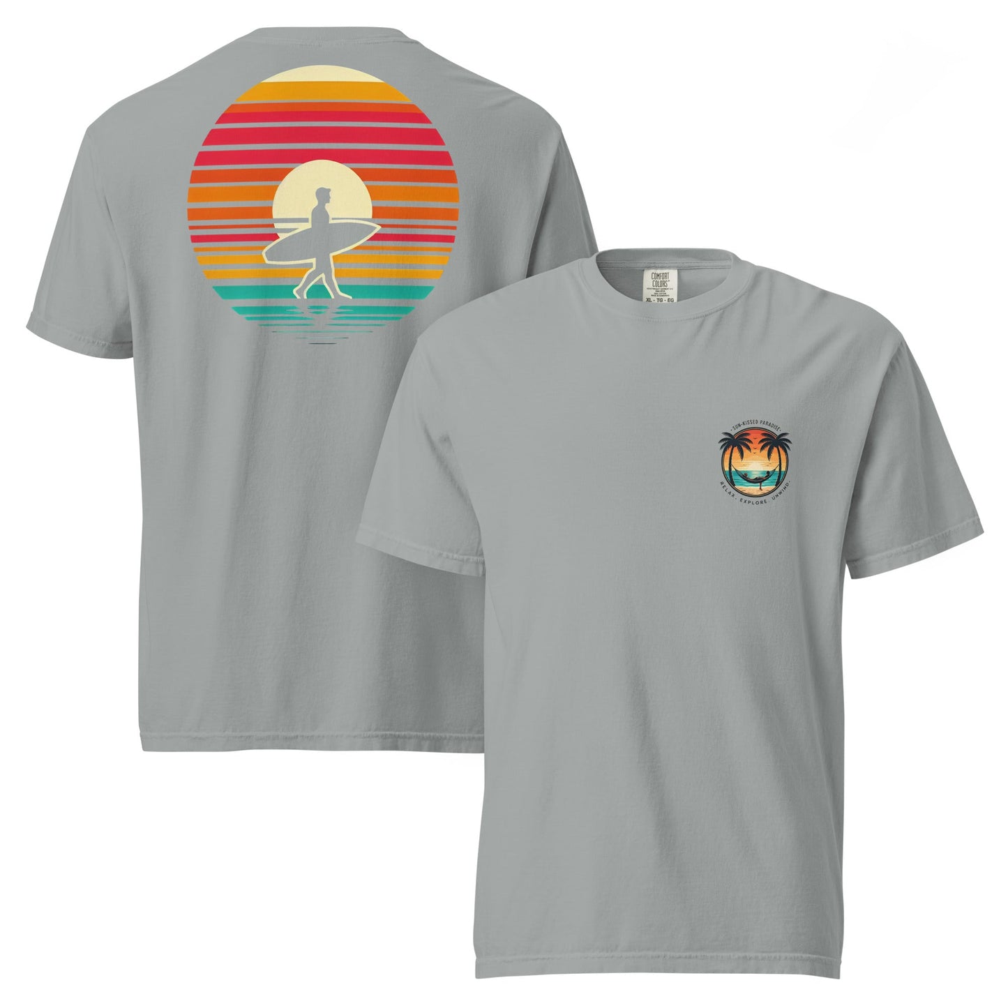 Sunset Surfer Tee | Retro Surf Silhouette with Bold Sunset Stripes - Beach Vibes Graphic Tee (CC1717)