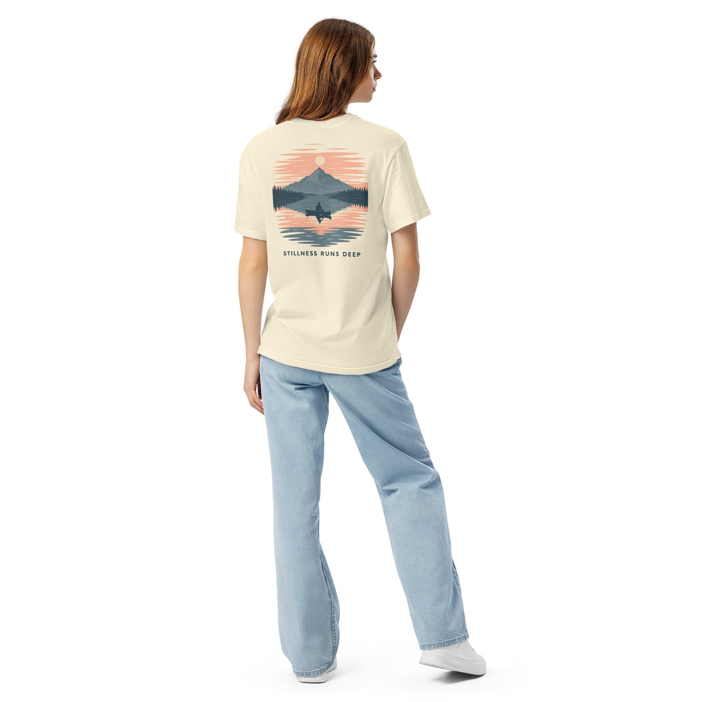 Highwater Horizon Tee | Mountain Lake with Sunset Reflection – Tranquil Nature Graphic Back Tee with Front Crest (CC1717)