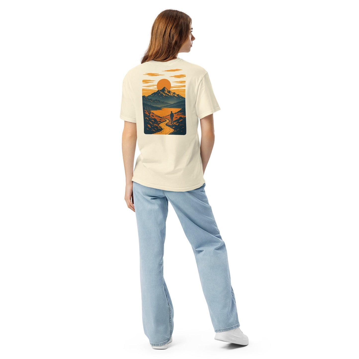 Sunset Range Tee | Golden Sunset Over Mountain Trail – Bold Desert Horizon Graphic Back Tee with Front Crest Patch (CC1717)