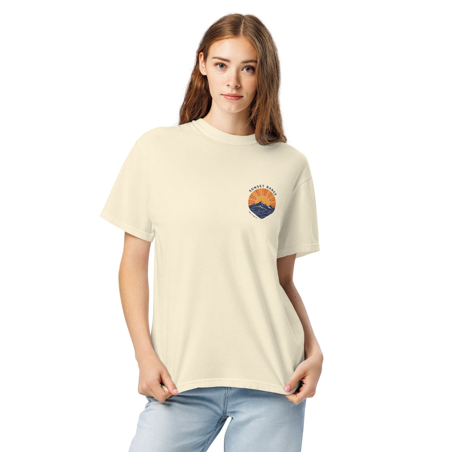 Sunset Range Tee | Golden Sunset Over Mountain Trail – Bold Desert Horizon Graphic Back Tee with Front Crest Patch (CC1717)
